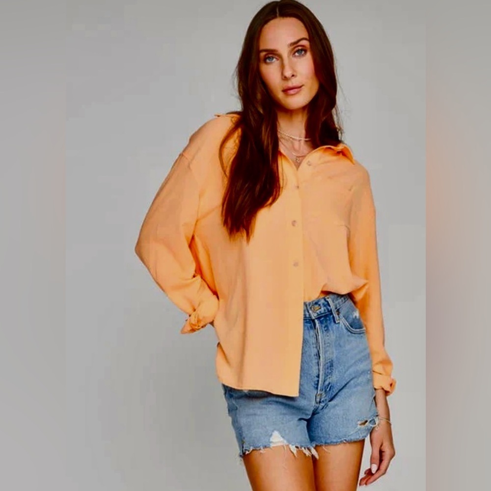 Gentle Fawn HUDSON BUTTON DOWN SHIRT TANGERINE Linen Mix Top Size Small